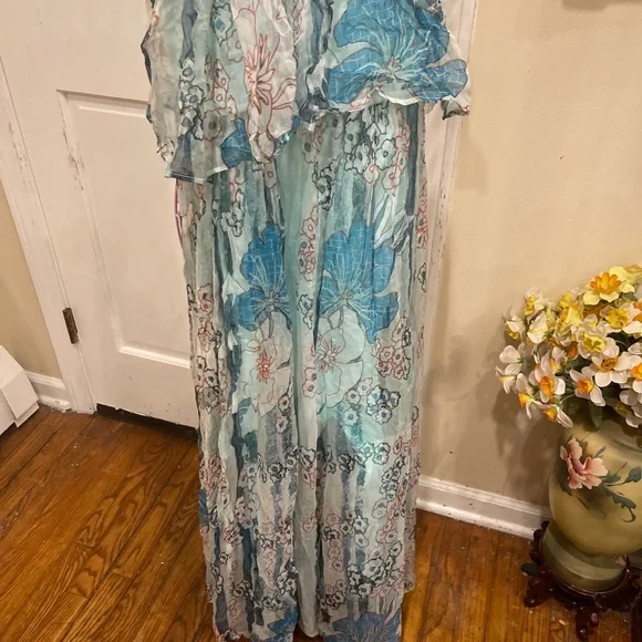 New Free People OLLARI Chiffon Printed Jumpsuit $198sz M - Blue